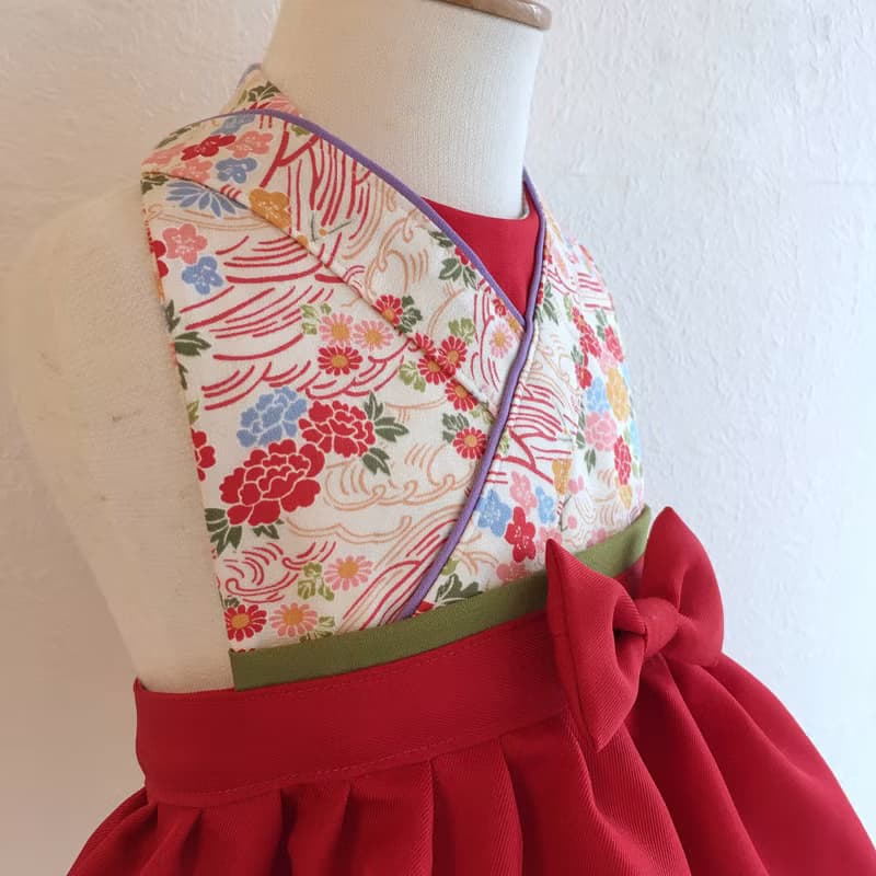 Kawaii Kimono Bib Dress(日本和服圍兜) - 和小花 - Red