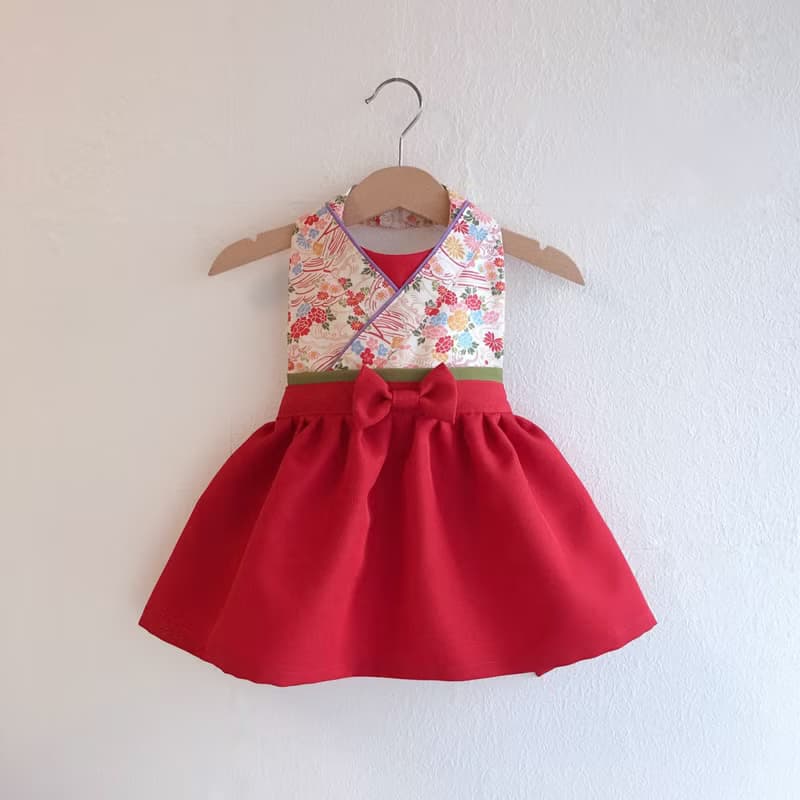 Kawaii Kimono Bib Dress(日本和服圍兜) - 和小花 - Red