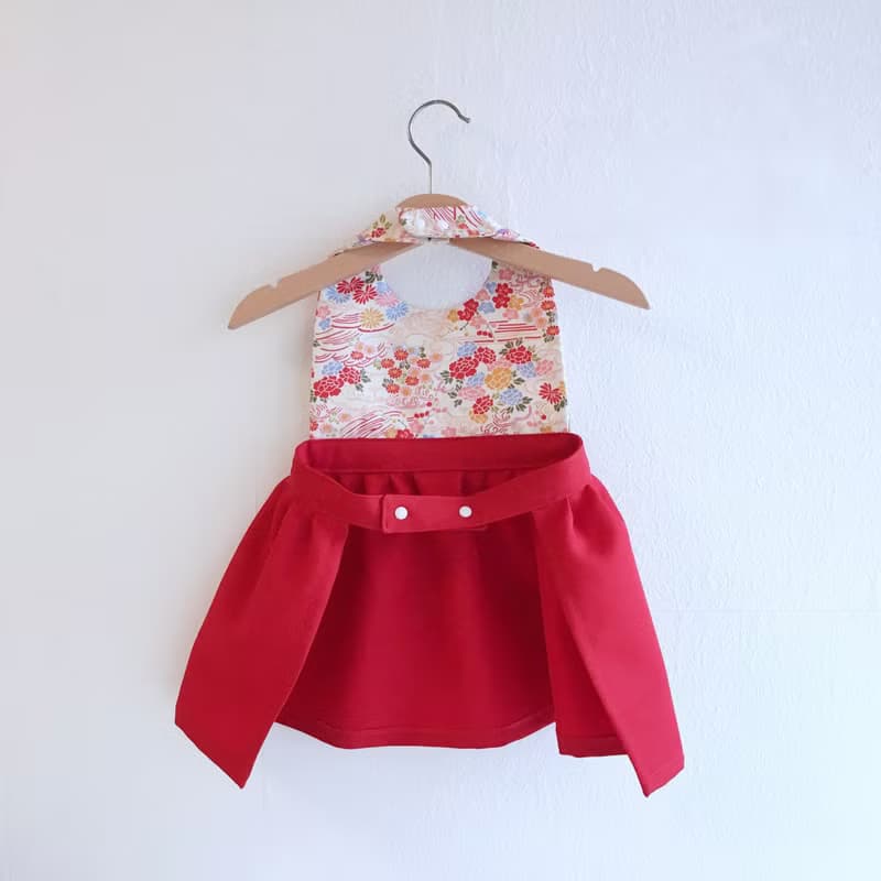 Kawaii Kimono Bib Dress(日本和服圍兜) - 和小花 - Red