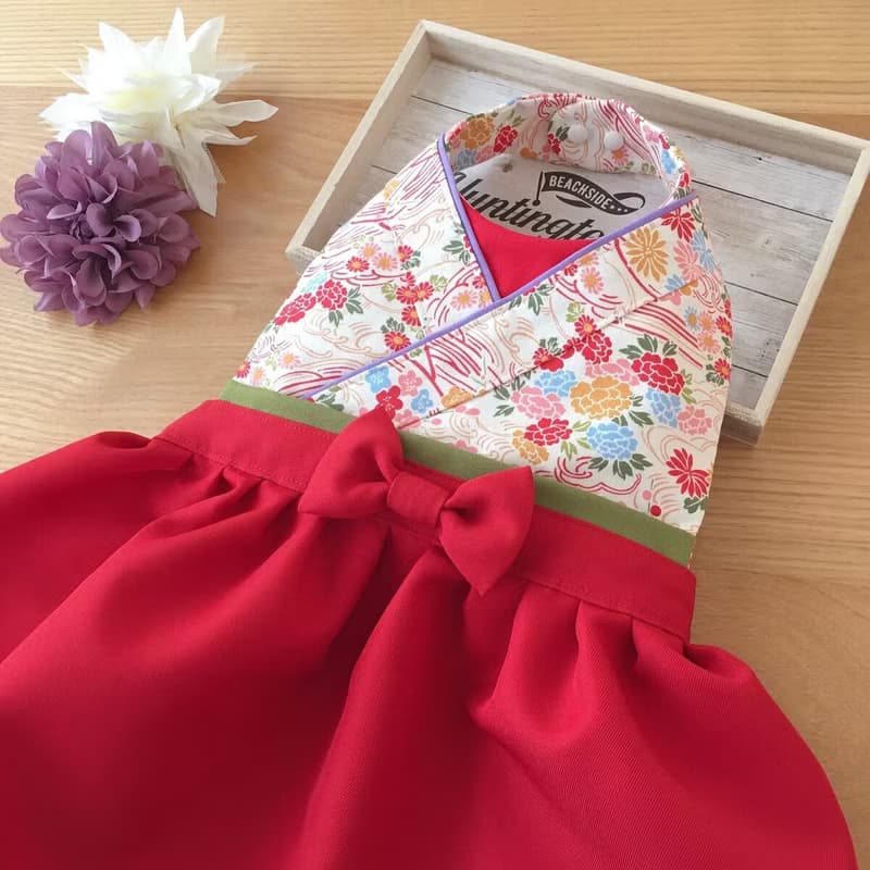 Kawaii Kimono Bib Dress(日本和服圍兜) - 和小花 - Red