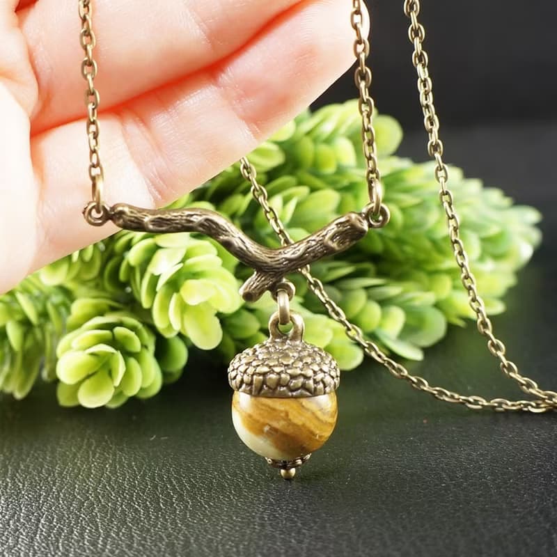 Brown Green Onyx Acorn on Branch Forest Woodland Nature Jewelry Pendant Necklace
