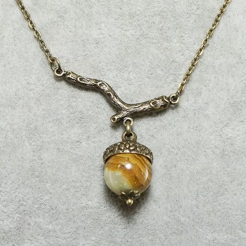 Brown Green Onyx Acorn on Branch Forest Woodland Nature Jewelry Pendant Necklace