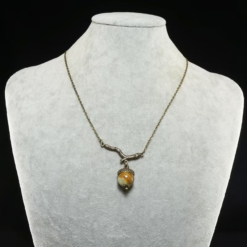 Brown Green Onyx Acorn on Branch Forest Woodland Nature Jewelry Pendant Necklace