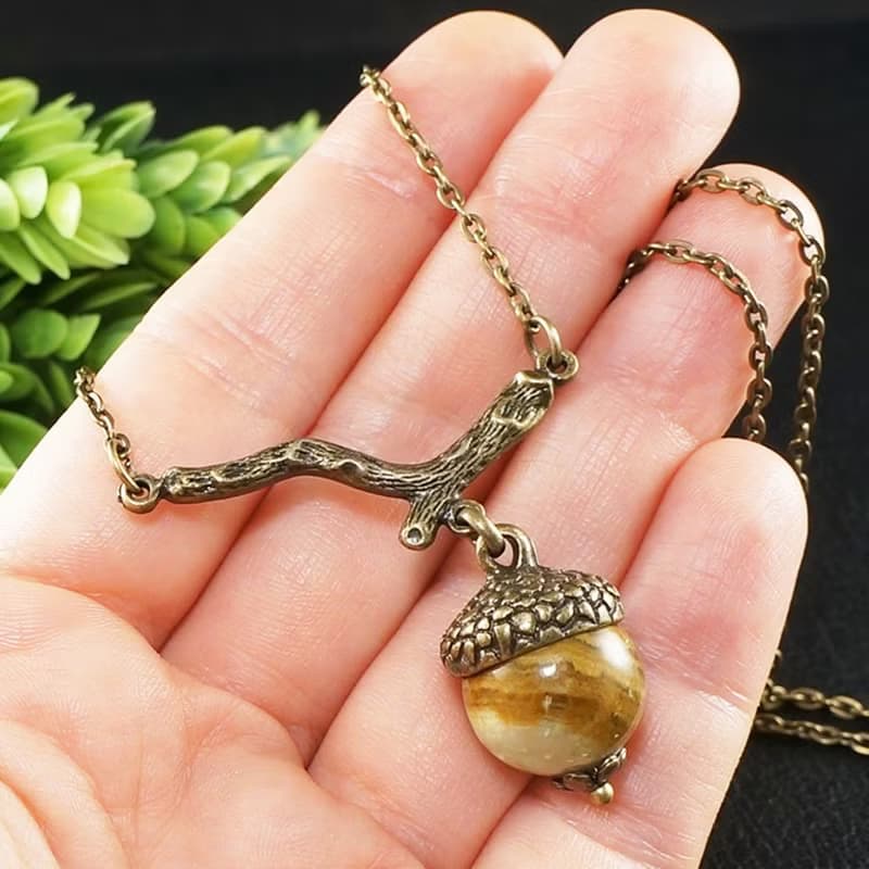 Brown Green Onyx Acorn on Branch Forest Woodland Nature Jewelry Pendant Necklace