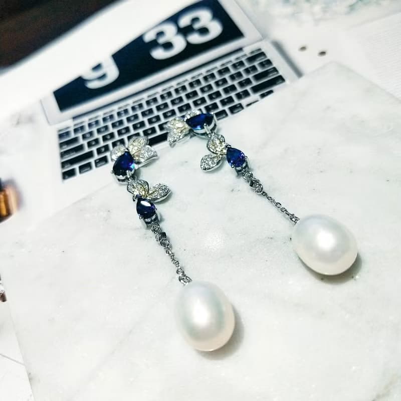 I JEWELRY 中國風小花朵頂級鋯石仿藍寶珍珠純銀耳環 純銀保證卡