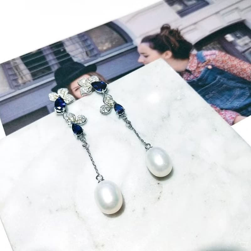 I JEWELRY 中國風小花朵頂級鋯石仿藍寶珍珠純銀耳環 純銀保證卡