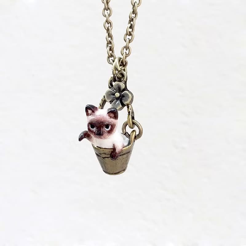 Tiny Siamese Cat in the bucket necklace, Cat Pendant, miniature cat