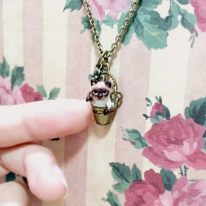Tiny Siamese Cat in the bucket necklace, Cat Pendant, miniature cat
