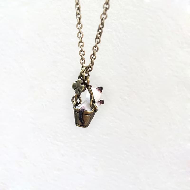 Tiny Siamese Cat in the bucket necklace, Cat Pendant, miniature cat