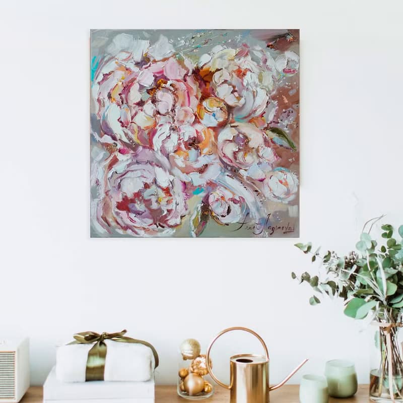奶油牡丹 大型花卉 Giclée 帆布打印画。