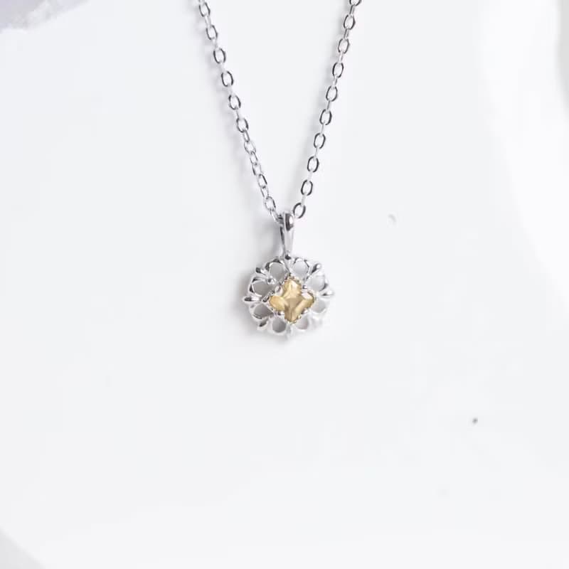 黃水晶925純銀方塊蕾絲項鍊