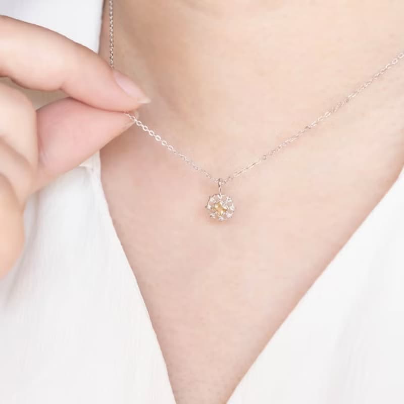 黃水晶925純銀方塊蕾絲項鍊