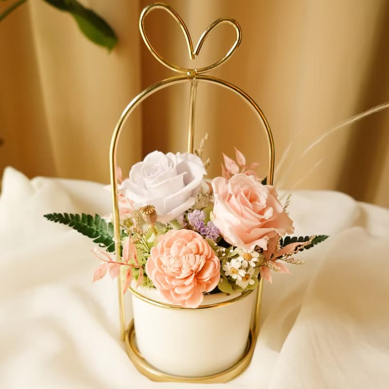 永生花愛心提把盆花-粉紫色