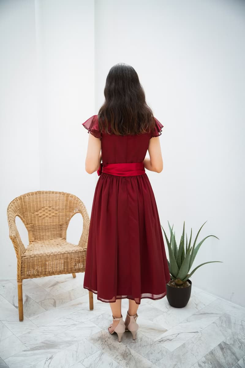 Red wedding dress vintage style chiffon ruffle party dress bridesmaid dress