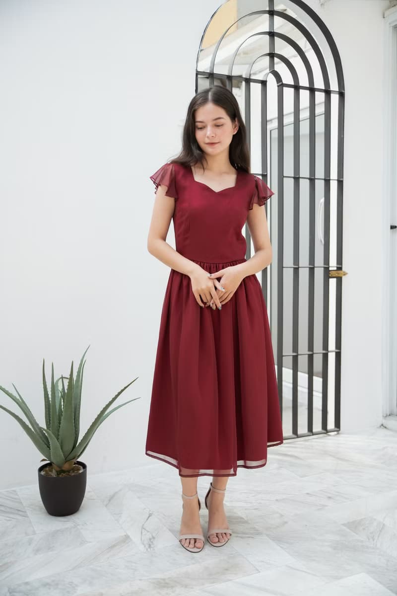 Red wedding dress vintage style chiffon ruffle party dress bridesmaid dress