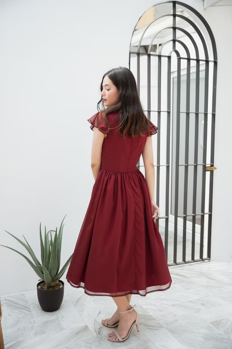 Red wedding dress vintage style chiffon ruffle party dress bridesmaid dress