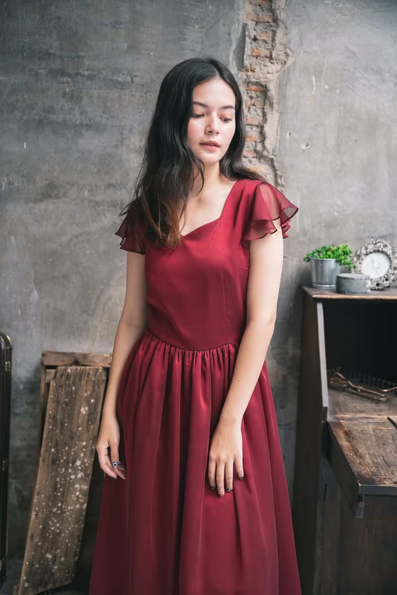 Red wedding dress vintage style chiffon ruffle party dress bridesmaid dress