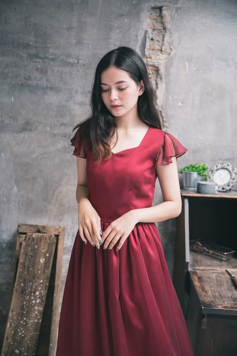 Red wedding dress vintage style chiffon ruffle party dress bridesmaid dress
