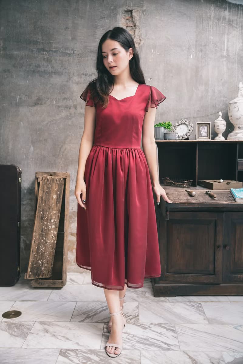 Red wedding dress vintage style chiffon ruffle party dress bridesmaid dress