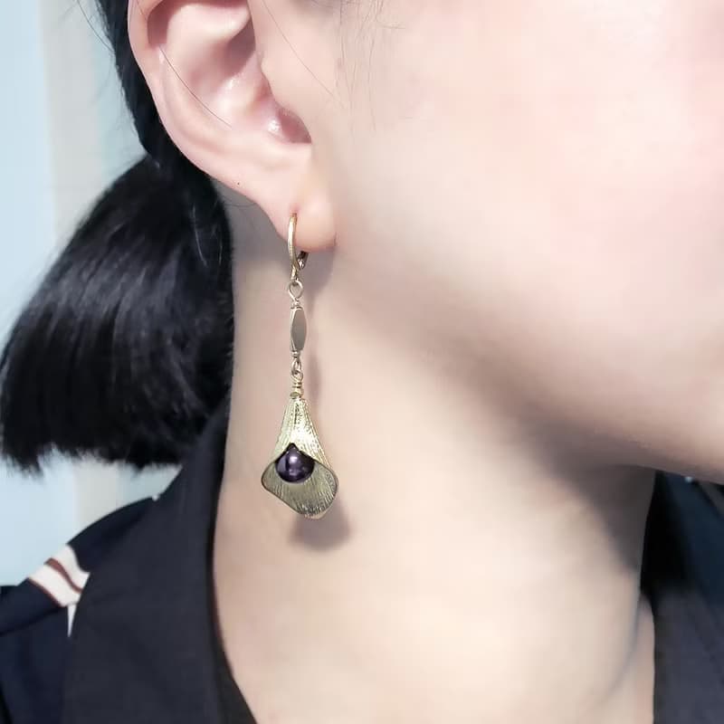 VIIART。葉間。紫水晶粉晶瑪瑙黃銅復古風耳環-可改夾式