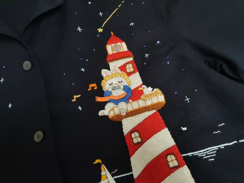 手工刺繡襯衫、亞麻、燈塔、狐狸、船、海洋、大海