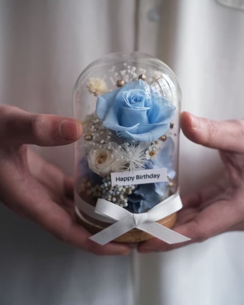 畢業禮物/永生花/乾燥花玻璃盅/天空藍色/生日禮物/刻字/