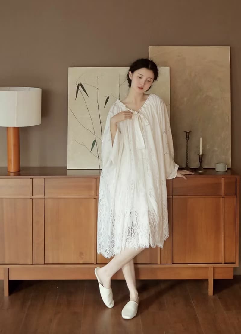 法式極簡 宮廷風連身裙 蕾絲睡裙家居服