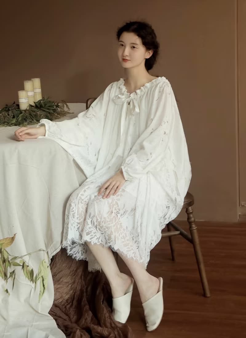 法式極簡 宮廷風連身裙 蕾絲睡裙家居服