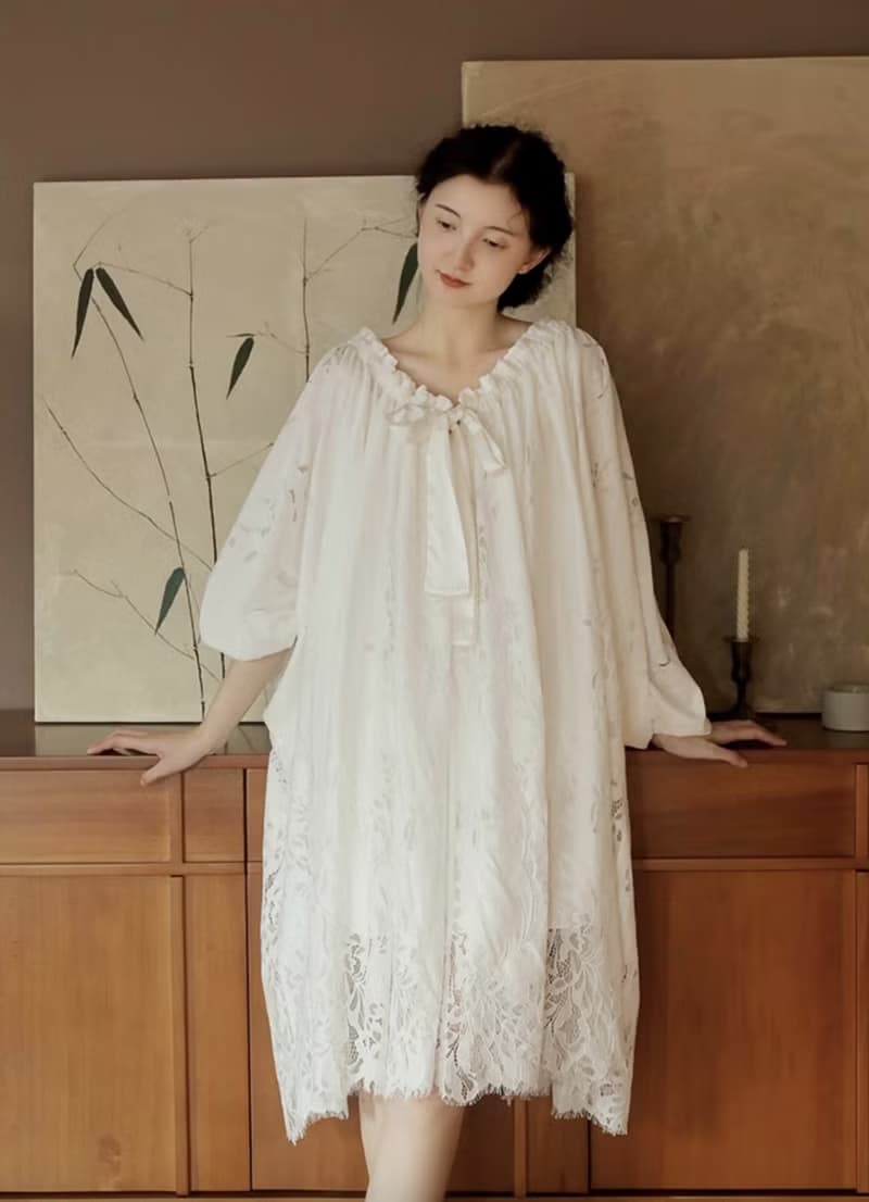 法式極簡 宮廷風連身裙 蕾絲睡裙家居服