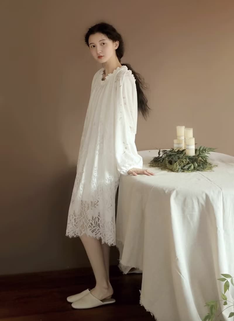 法式極簡 宮廷風連身裙 蕾絲睡裙家居服