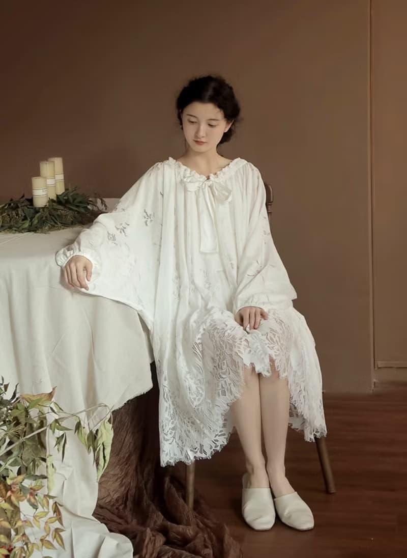 法式極簡 宮廷風連身裙 蕾絲睡裙家居服