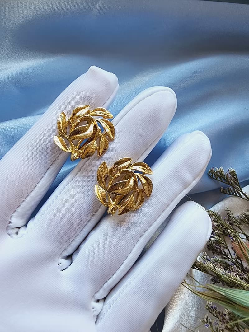 美國西洋古董飾品/ NAPIER金色旋葉團夾式耳環/復古早期首飾