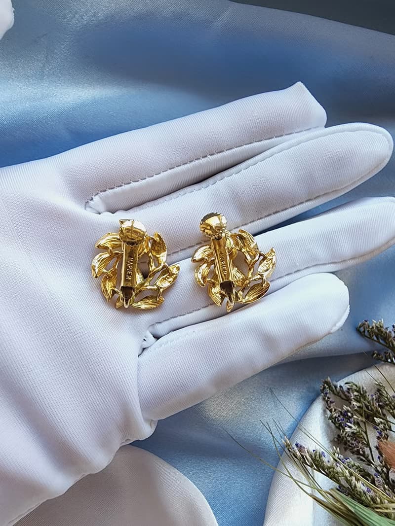 美國西洋古董飾品/ NAPIER金色旋葉團夾式耳環/復古早期首飾