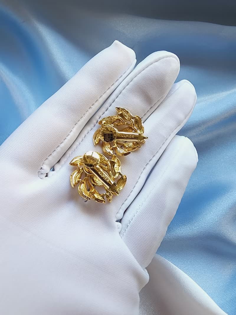 美國西洋古董飾品/ NAPIER金色旋葉團夾式耳環/復古早期首飾