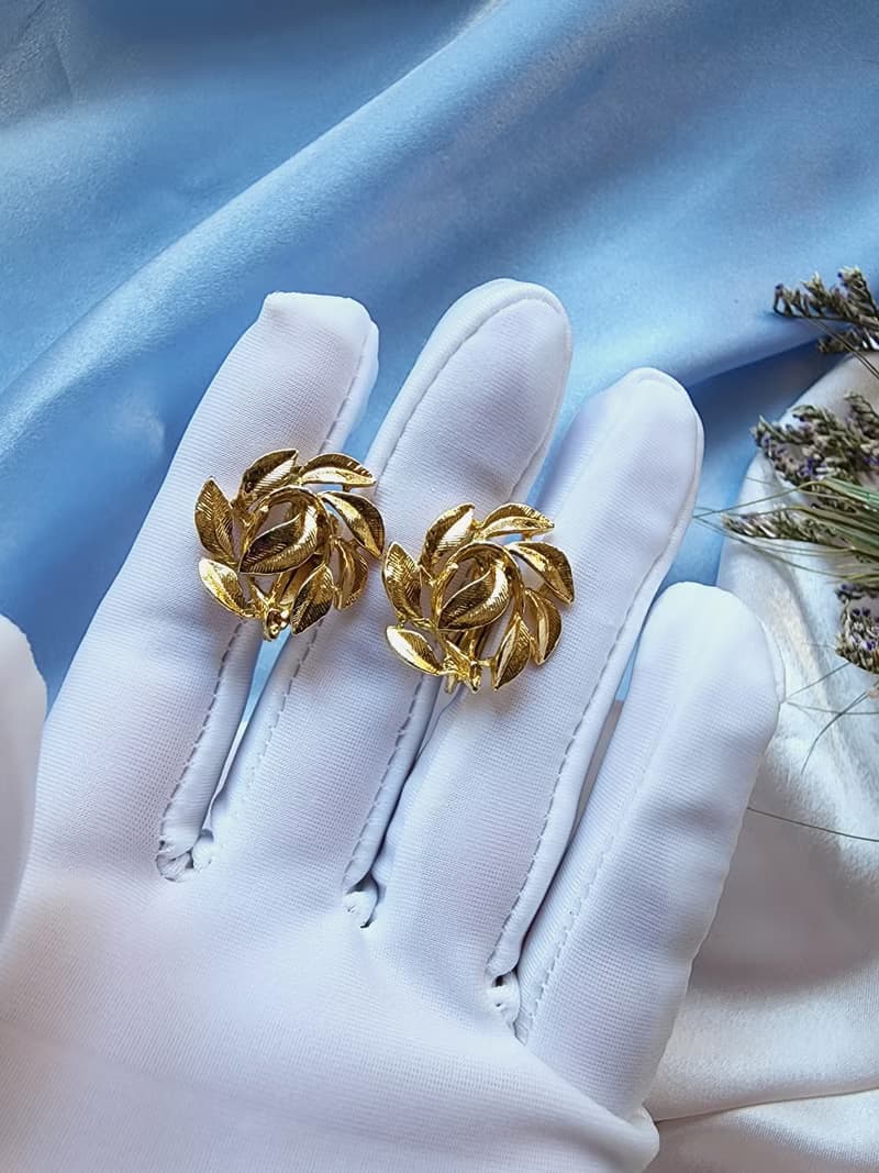 美國西洋古董飾品/ NAPIER金色旋葉團夾式耳環/復古早期首飾