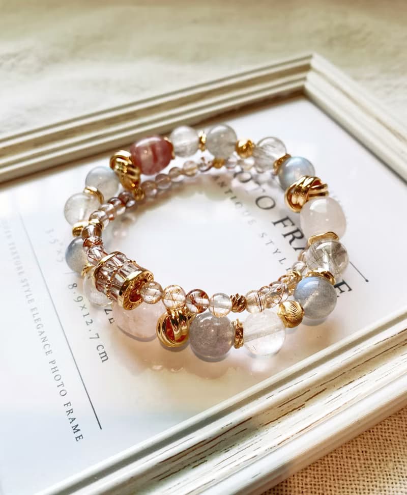 丁香紫玉/銀髮晶/灰月光石/銅髮晶 手作設計款能量水晶手鍊雙鍊組