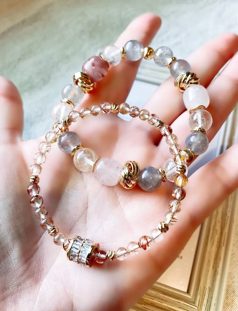 丁香紫玉/銀髮晶/灰月光石/銅髮晶 手作設計款能量水晶手鍊雙鍊組