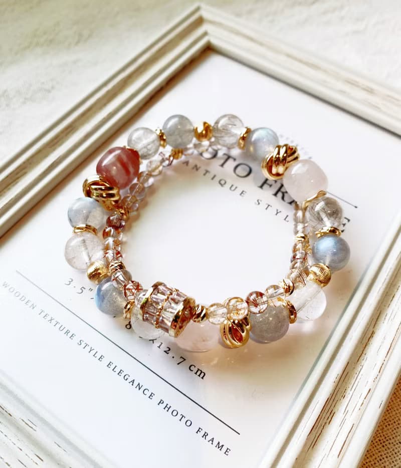 丁香紫玉/銀髮晶/灰月光石/銅髮晶 手作設計款能量水晶手鍊雙鍊組