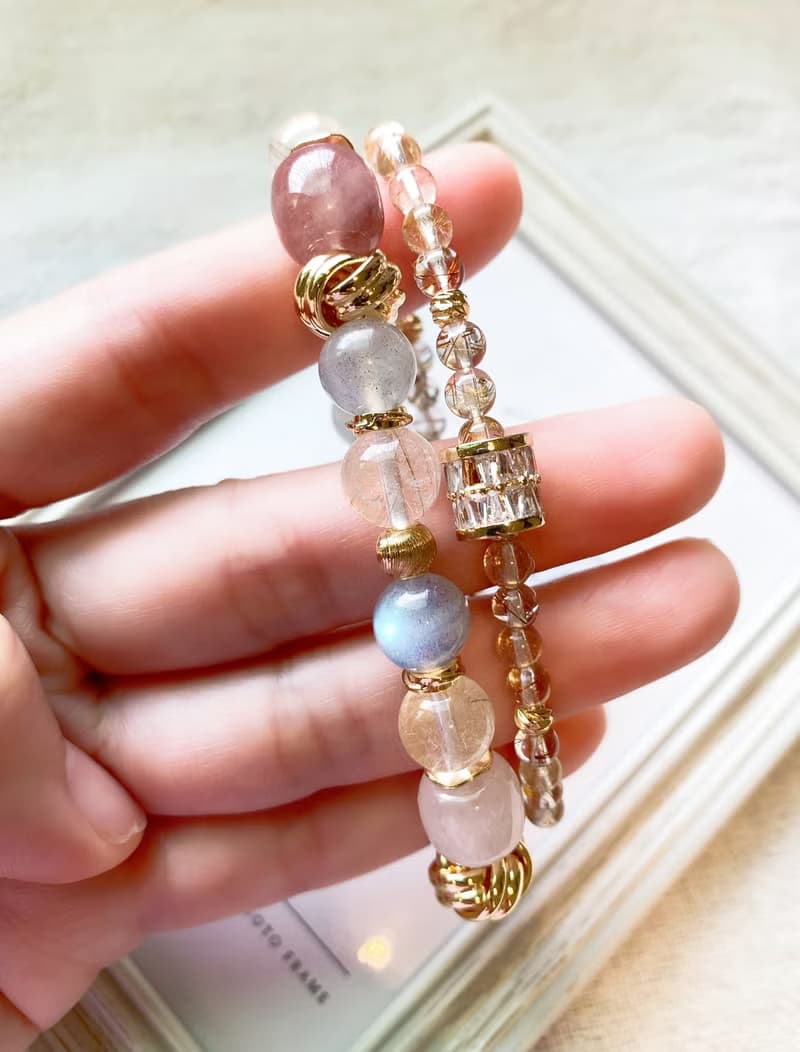 丁香紫玉/銀髮晶/灰月光石/銅髮晶 手作設計款能量水晶手鍊雙鍊組
