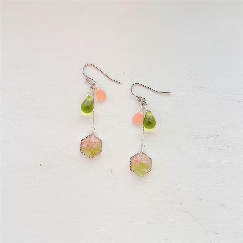 Natural stone peridot, rose quartz teardrop glass earrings_allergy-friendly_0022