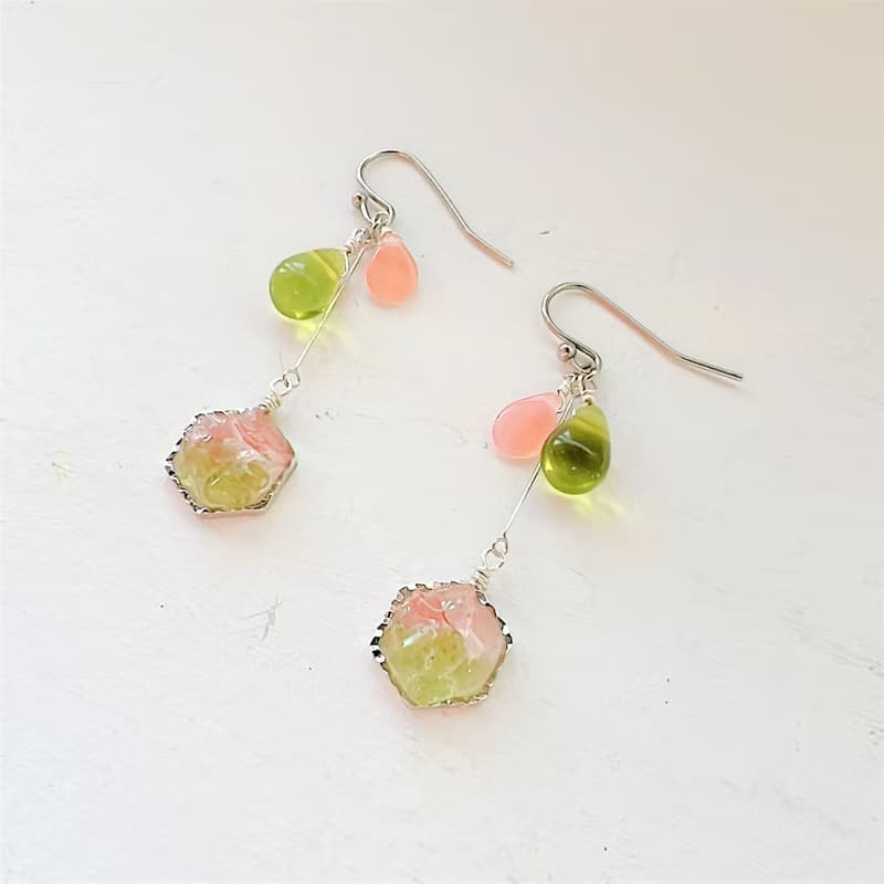 Natural stone peridot, rose quartz teardrop glass earrings_allergy-friendly_0022