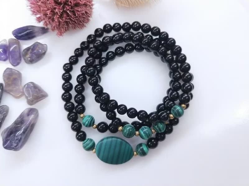 【108顆念珠系列】黑珊瑚*孔雀石*黃銅念珠多圈手串