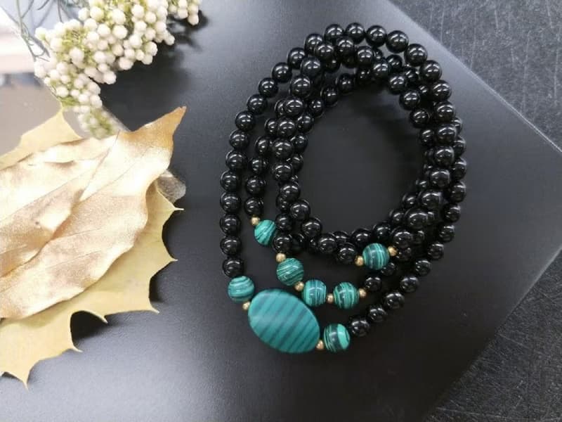 【108顆念珠系列】黑珊瑚*孔雀石*黃銅念珠多圈手串
