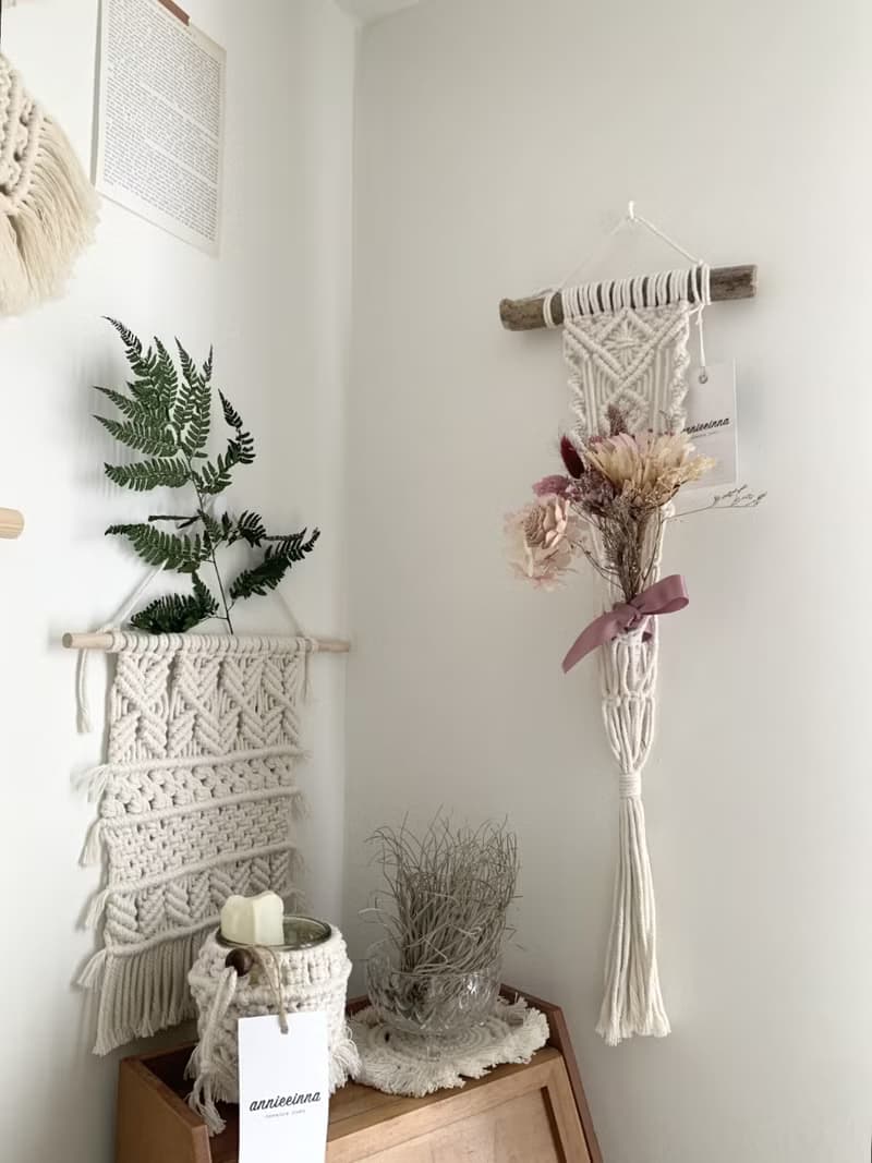 Macrame 森林 原木 編織 植物 乾燥花 吊籃 吊飾