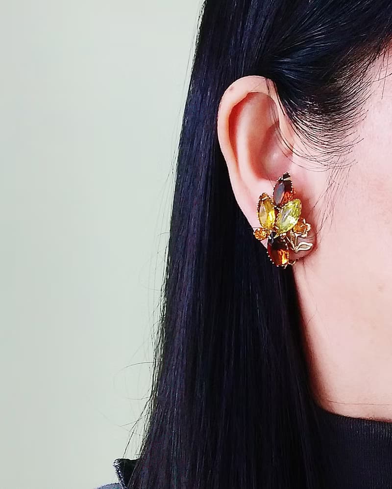 vintage jewelry 古董大地色系萊茵花簇夾式耳環