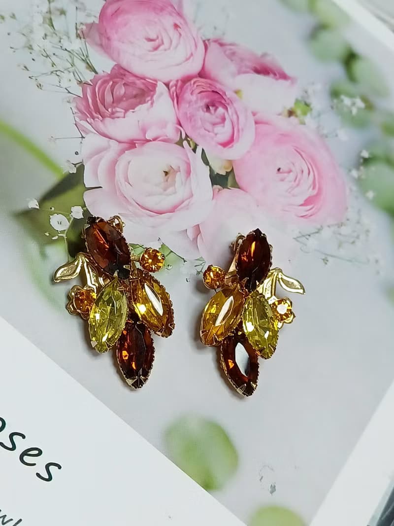 vintage jewelry 古董大地色系萊茵花簇夾式耳環