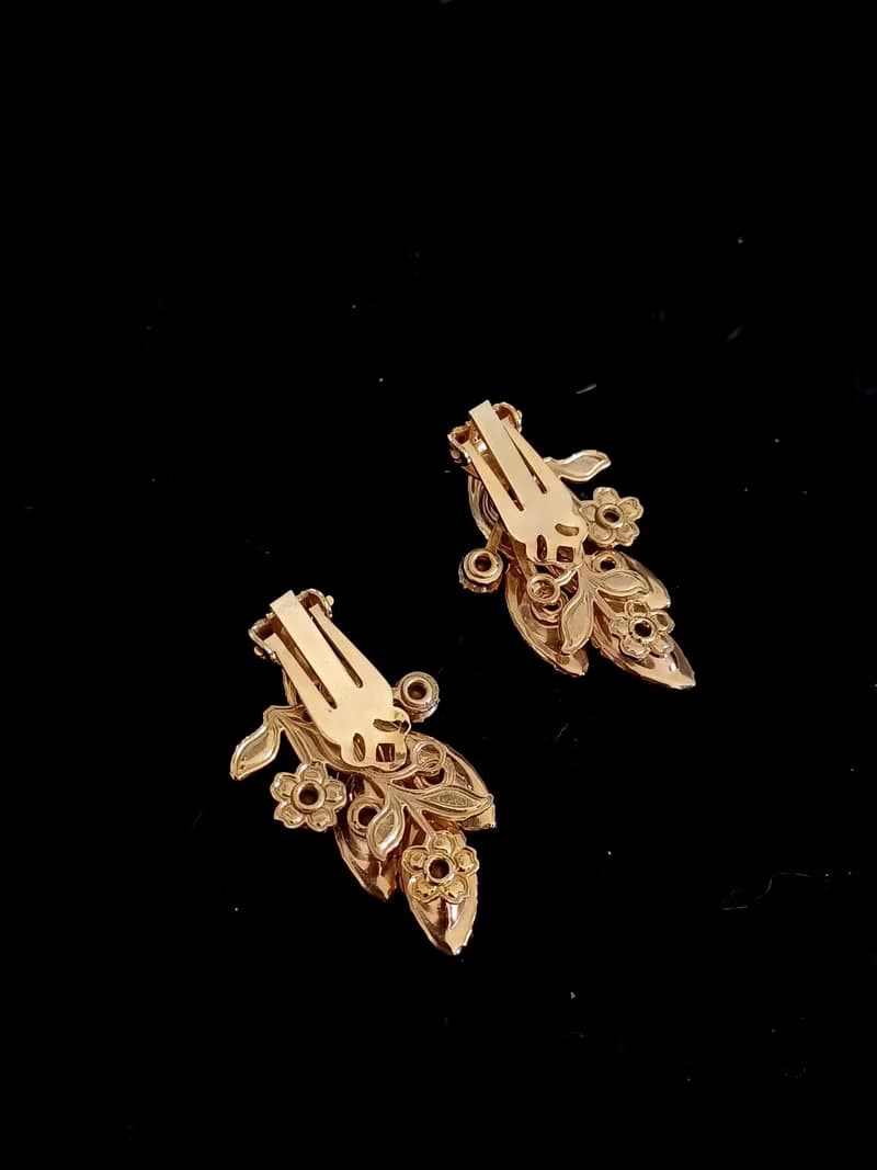 vintage jewelry 古董大地色系萊茵花簇夾式耳環