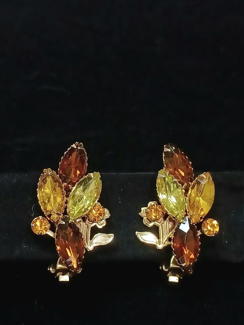 vintage jewelry 古董大地色系萊茵花簇夾式耳環