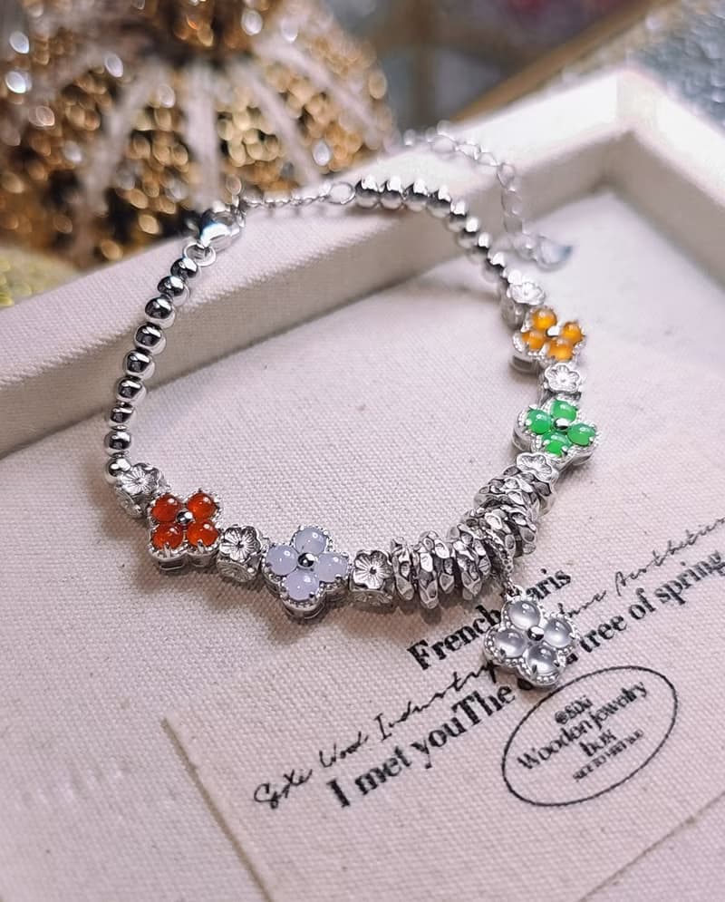 |轉好運•補五行|夢幻馬卡龍彩虹多寶盤纏|緬甸A貨翡翠純銀手鏈