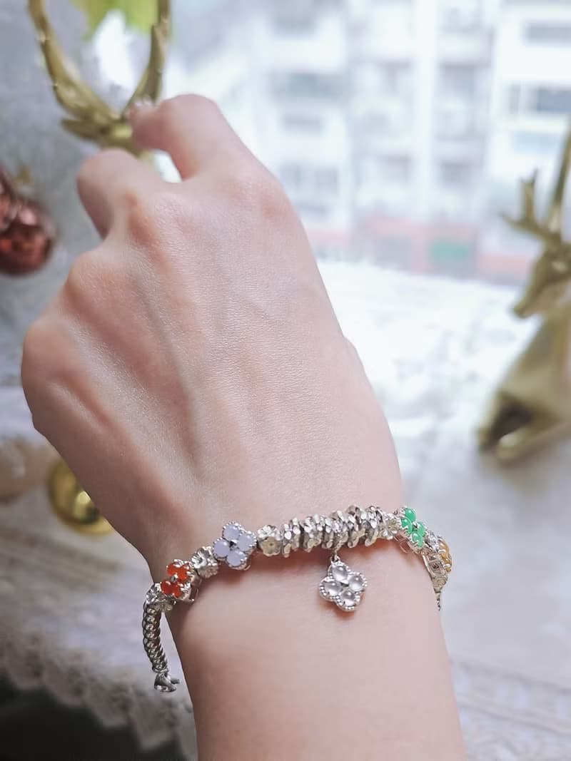 |轉好運•補五行|夢幻馬卡龍彩虹多寶盤纏|緬甸A貨翡翠純銀手鏈